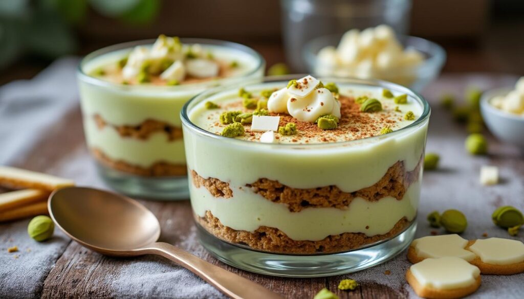 découvrez la recette gourmande du tiramisu pistache et chocolat blanc, un dessert onctueux et raffiné qui séduira vos papilles à coup sûr.