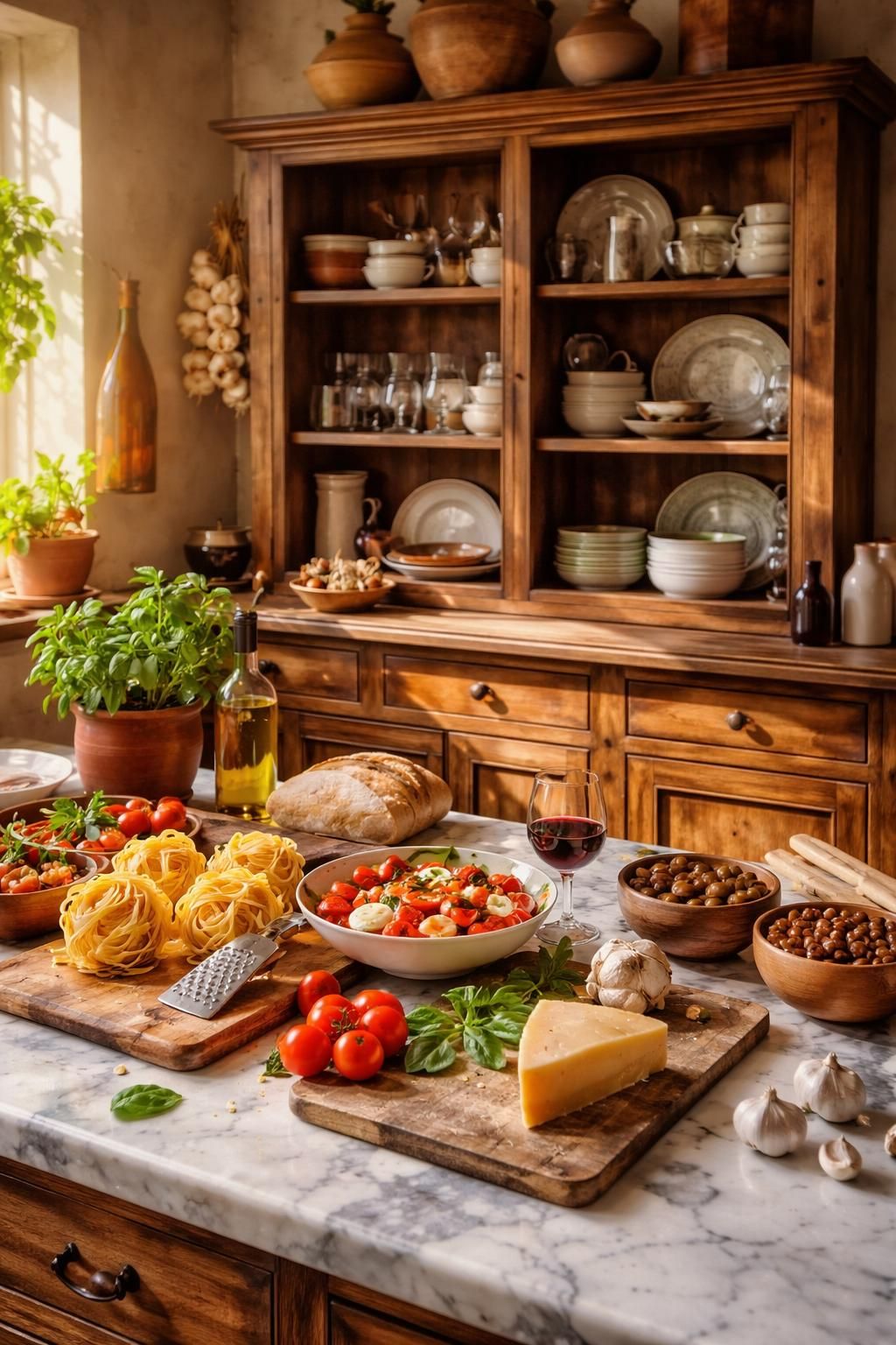 découvrez la cuisine italienne authentique chez vous avec un élégant plan de travail en marbre et un vaisselier toscan, alliant style traditionnel et fonctionnalité moderne.