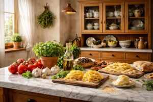 découvrez la cuisine italienne authentique chez vous avec un plan de travail en marbre élégant et un vaisselier toscan traditionnel pour un intérieur chaleureux et raffiné.