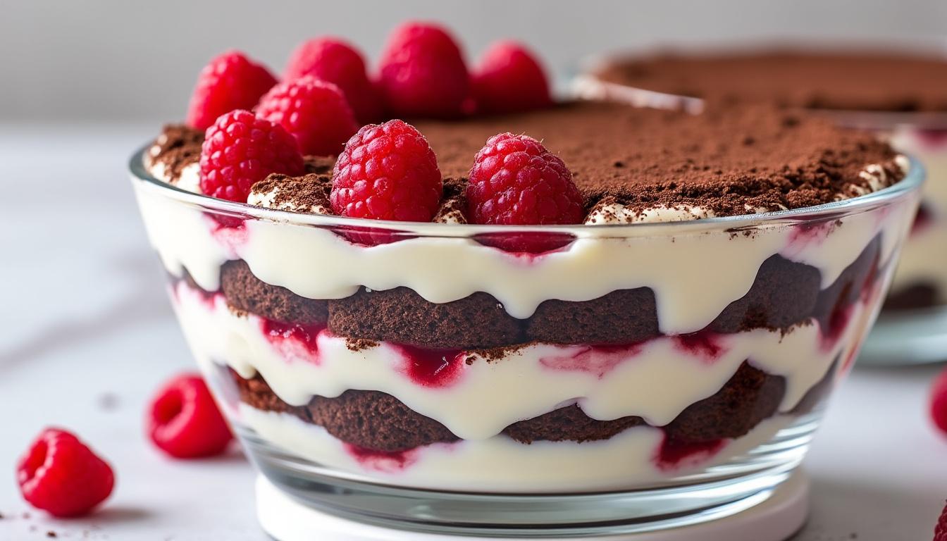 découvrez notre recette facile et gourmande de tiramisu aux framboises et chocolat noir, un dessert exquis alliant douceur fruitée et intense chocolat.